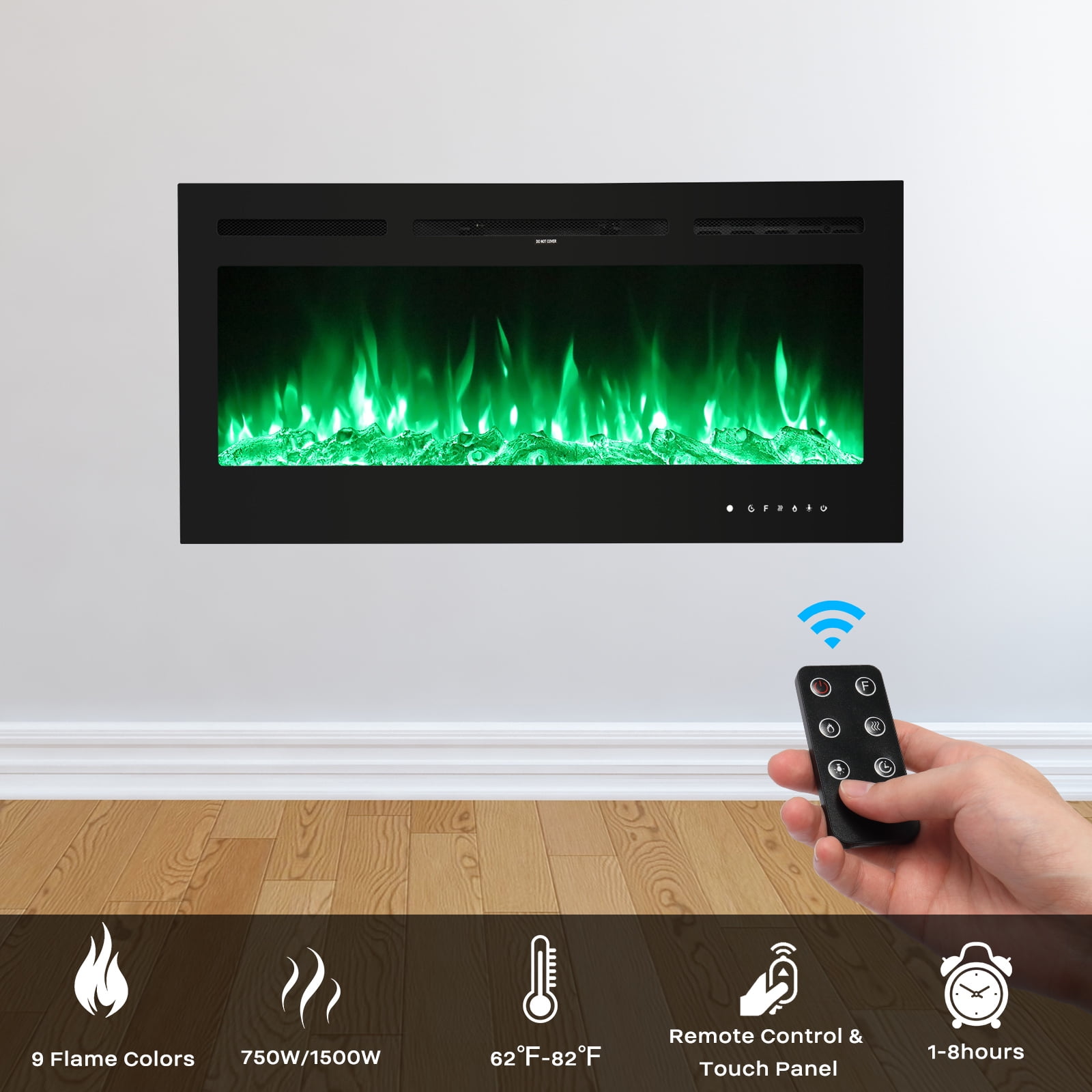 Kepooman1500W Sheet Metal Glass Recessed Electric Fireplace, 40in Wall Mounted Freestanding Portable Room Heater With Display, Fake Firewood, Crystal Stone, Remote Control Colorful, Black Kepooman1500W Sheet Metal Glass Recessed Electric Fireplace, 40in Wall Mounted Freestanding Portable Room Heater With Display, Fake Firewood, Crystal Stone, Remote Control Colorful, Black