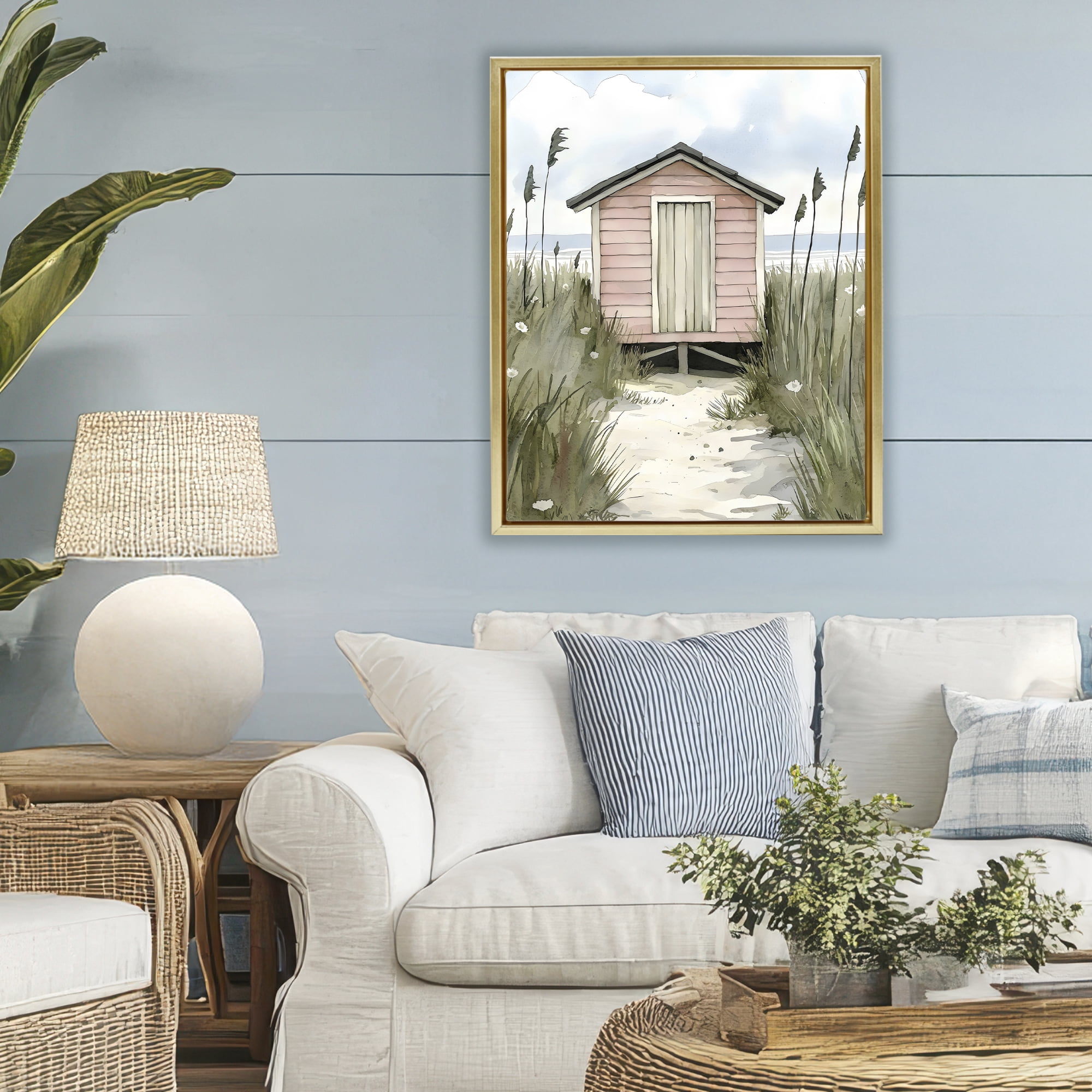 Stupell Industries Coastal Calm Pink Beach Hut Gold Framed Floater Canvas Wall Art, design by Riley B