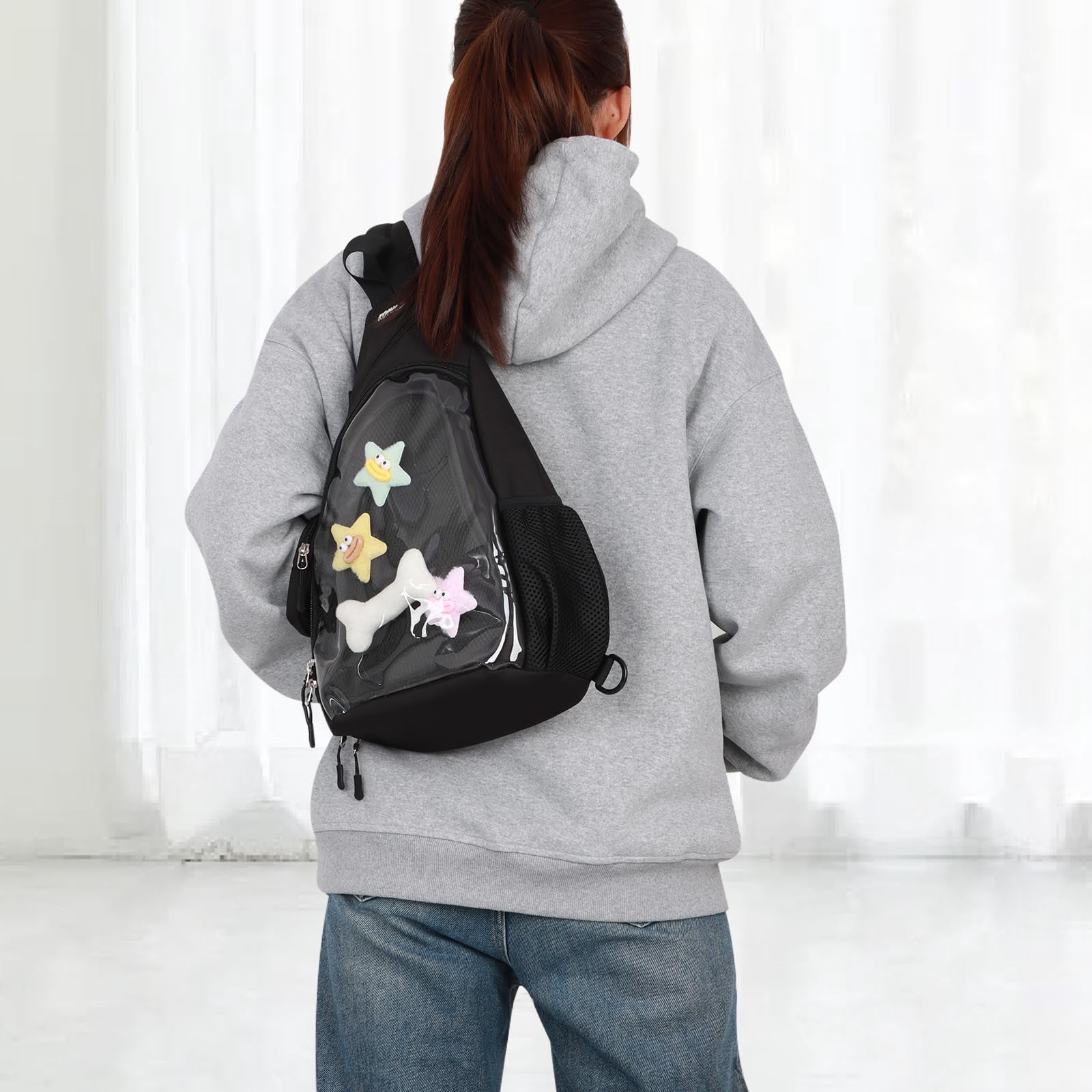 Cute Ita Bag for Men Women Kawaii Pin Display Backpack Fanny Pack Black Crossbody Hiking Day Pack