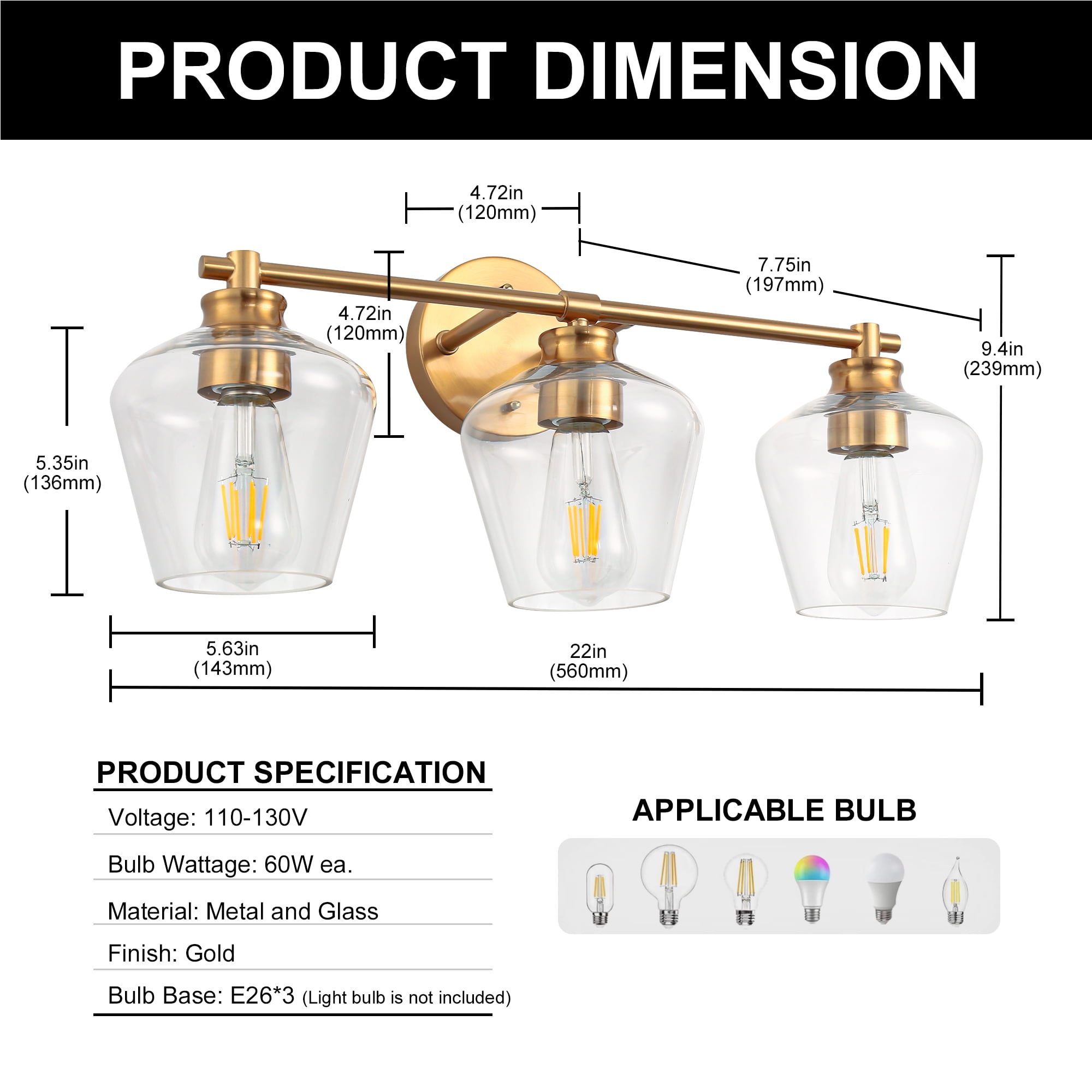 YANSUN 22 in Gold 3-Light Bathroom Vanity Light, Modern Lighting Over Mirror with Clear Glass Shade for Bathroom, Powder Room, Vanity Table