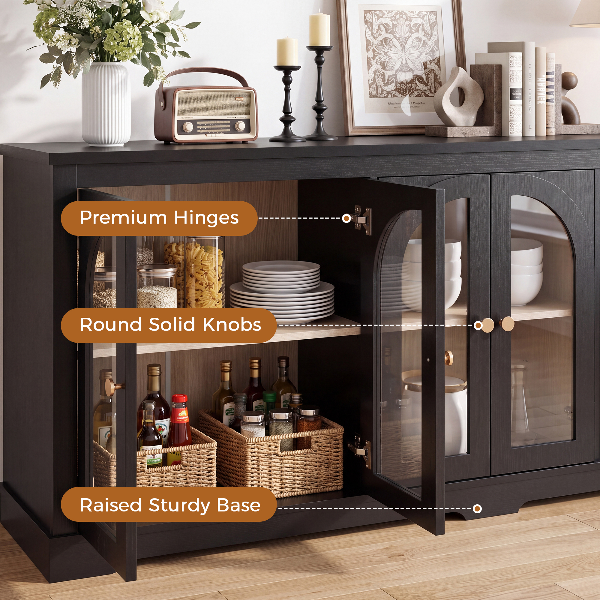 HOQBN 68" Modern Arched Glass Sideboard with 6 Doors, Buffet Cabinet with Storage and Adjustable Shelves, Large Credenza for Living Room,Kitchen,Entryway,Black