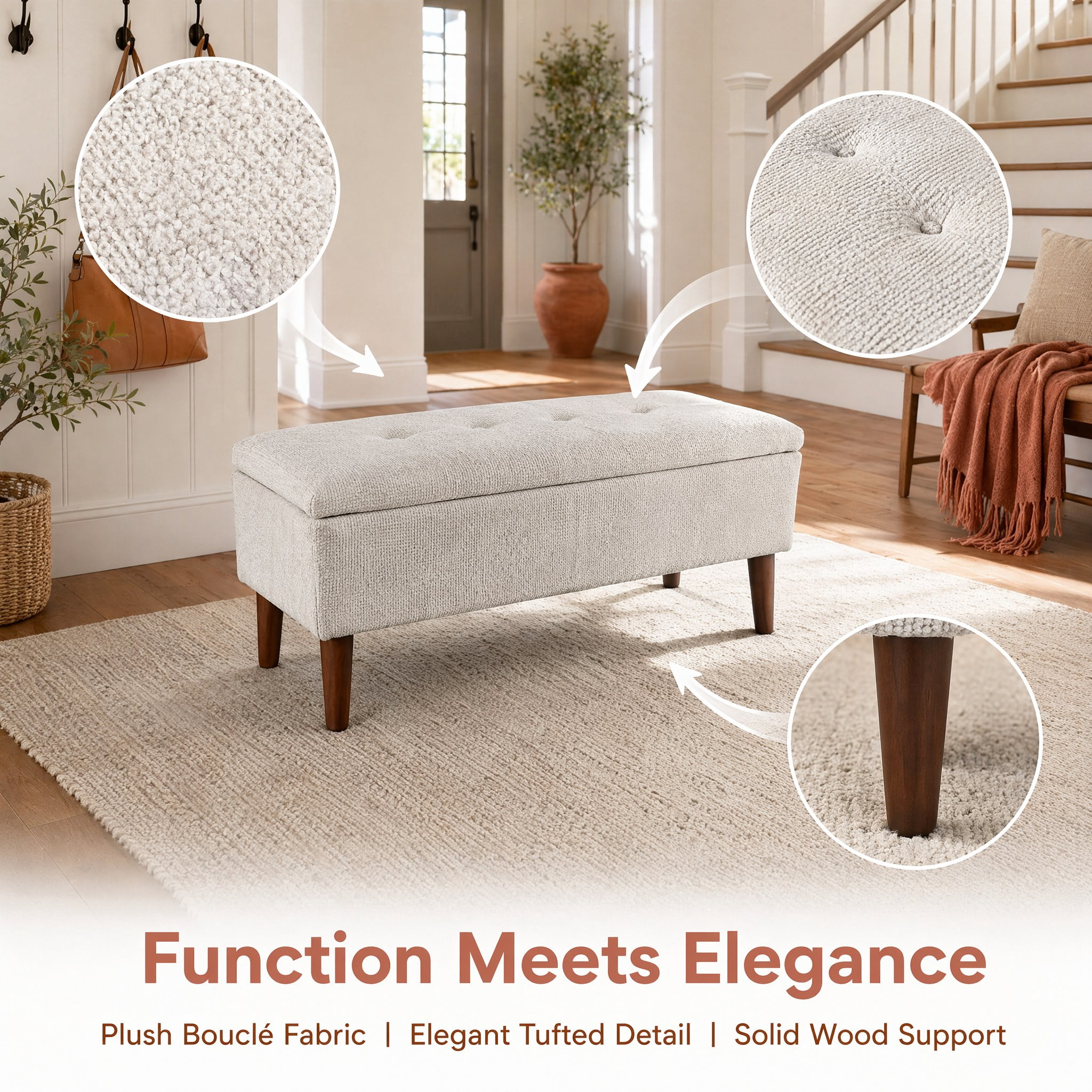 42" Rectangular Linen Ottoman Bench, Modern Low Footrest Stool with Solid Wood Tapered Legs, Multi-Use Entryway Shoe Bench & End of Bed Bench for Living Room/Bedroom