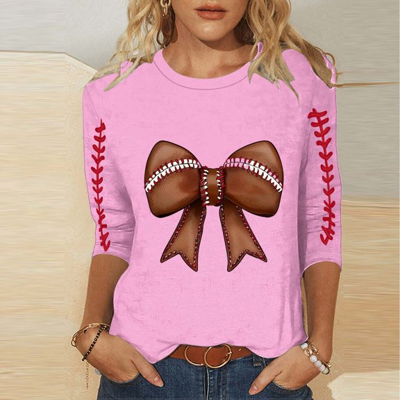 Mifsaly Women Football Shirt Bow Print 3/4 Sleeve Game Day Shirts Loose Tunic Graphic Tee Pullover Tops Team Fans Game Day Sport Tees XXXXL