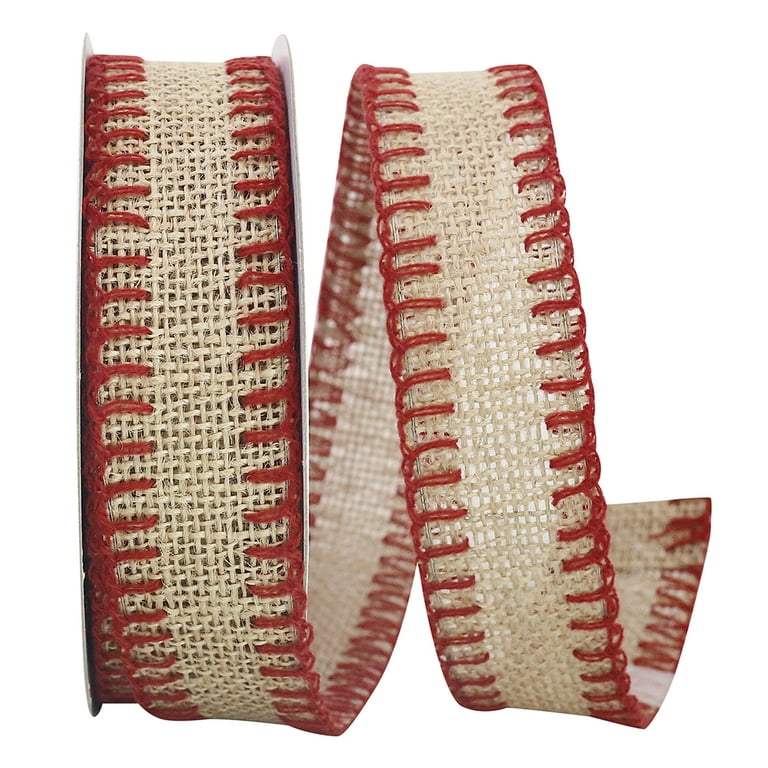 Reliant Ribbon - 92016W-756-40F, Stiched Burlap Wired Edge Ribbon,  Natural/red, 2-1/2 Inch, 10 Yards