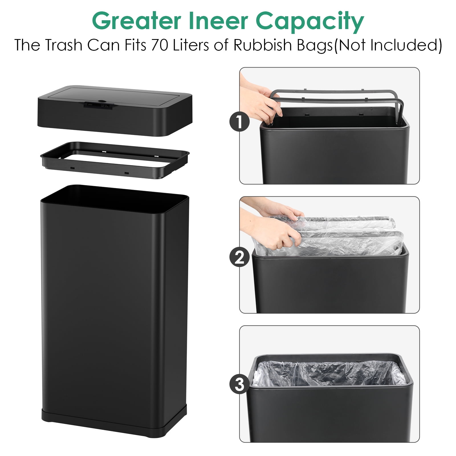Arlopu 18.5 Gallon Automatic Garbage Can Motion Sensor Touchless Kitchen Trash Can with Soft-Close Lid, Stainless Steel