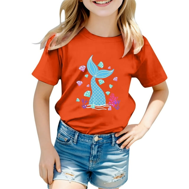 NINGMENG Hauts et T-Shirts pour Filles Tout-Petits Imprimé Graphique Océan Mignon Col Rond Manches Courtes Chandail T-Shirts Usage Quotidien, Orange, 4-5 Ans
