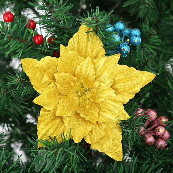 10 Pcs Christmas Glitter Poinsettia Artificial Flowers Decorations with 10 Pcs Clips, 7.1 Inches Large Fake Double Layer Flowers Wedding New Year Ornaments for Xmas Tree Decor, Yellow