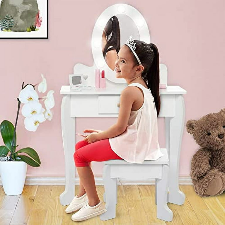 Girls Vanity Table and Chair Set Kids Makeup Dressing Table with Lights Wood Makeup Playset Kids Vanity Set with Mirror Drawer for Age 4 9