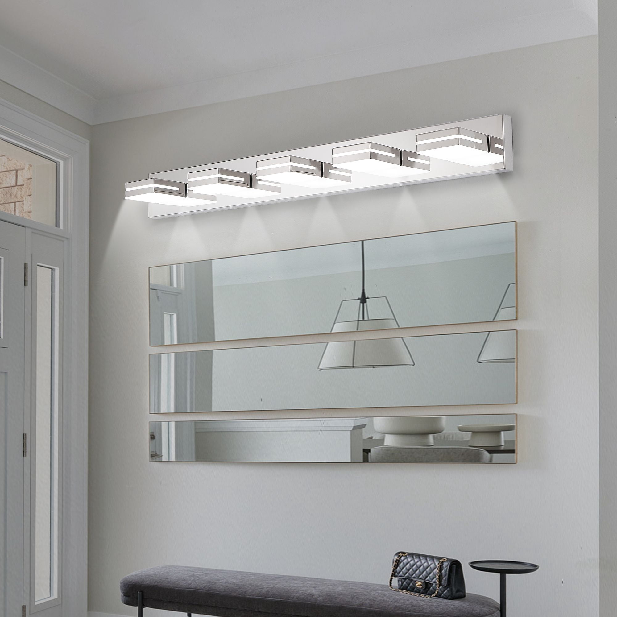 40 Inch Modern Chrome LED Vanity Light, 5-Light Wall Sconce for Bathroom Mirror, Integrated Minimalist Fixture with Geometric Lamp Heads, Hardwired Energy-Saving Bath Lighting