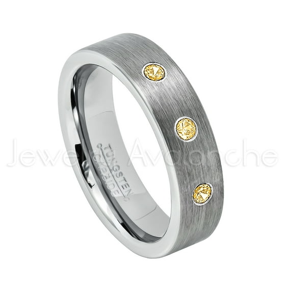 6mm Pipe Cut Tungsten Ring - 0.21ctw Citrine 3-stone Band - Personalized Tungsten Wedding Ring - Custom Made November Birthstone Ring TN019BS