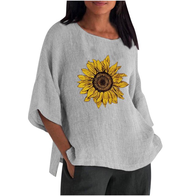 Moda mujer Casual manga tres cuartos cuello redondo algodón Lino impreso sólido Tops blusa Pompotops hfajkhk136618