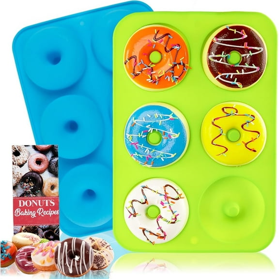 LQQBOX 2 PCS Silicone Baking Mold, Just Pop Out! Non-Stick Doughnuts Baking Pans BPA Free for 6 Full-Size Donuts, Muffin, Cake Biscuit Bagels - Oven & Dishwasher Safe (Green,Blue)