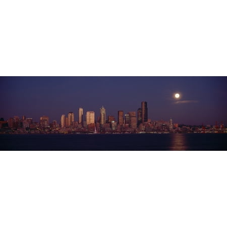 Moonrise behind the downtown Seattle skyline in the evening Seattle WA Stretched Canvas - Panoramic Images (27 x