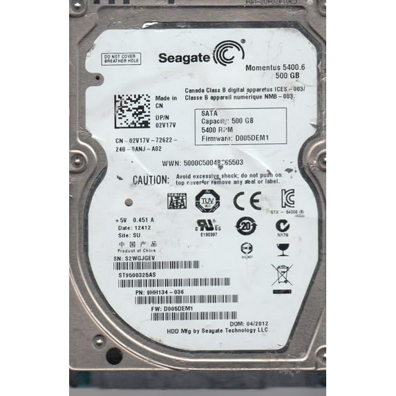 ST9500325AS, S2W, SU, PN 9HH134-036, FW D005DEM1, Seagate 500GB SATA 2.5 Hard Drive