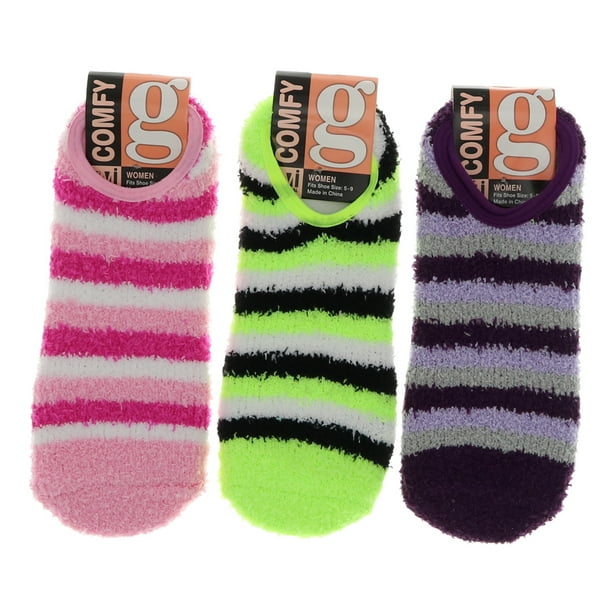Comfy Women's Fuzzy Ankle Slipper Socks with Grippers (3Pr) (Pink