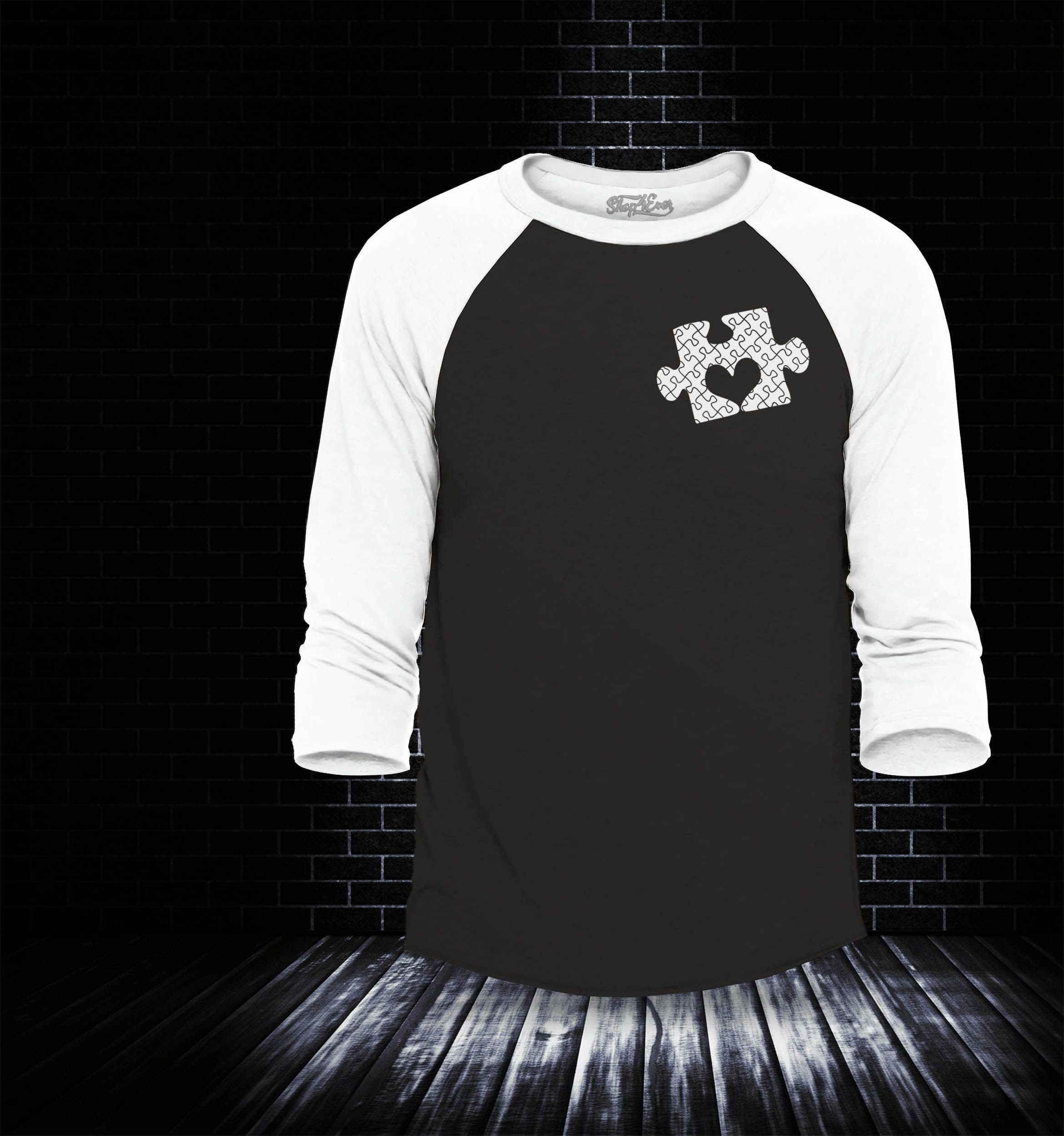 Shop4Ever Men's Small Heart Puzzle Piece Autism Awareness Raglan Baseball Shirt XX-Large Black/White