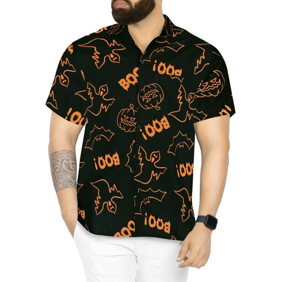 HAPPY BAY Men's Hawaiian Short Sleeve Summer Caribbean Party Shirt Vacation Halloween Costumes Button Down Shirts for Men S Spooky Black Bat Boo Scary Ghost
