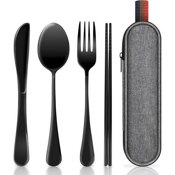 jimin Travel Utensils with Case, Portable Silverware Set for Work, Stainless Steel Reusable Travel Cutlery Set, Fork and Spoon Set for Camping, Picnic, Gadgets, Lunch Box for Men, Black