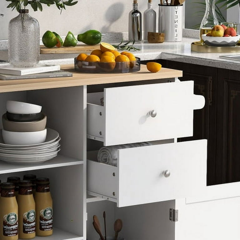 ARTCHIRLY Brown Solid Wood Top 53.1 in. White Kitchen Island with Drop Leaf, Cabinet Door Internal Storage Racks and 3-Drawers