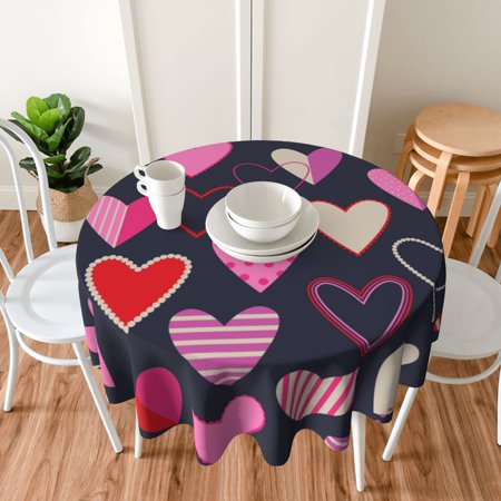 TEQUAN 60" Round Tablecloth, Romantic Love Pink Hearts Pattern Washable Polyester Table Cloth, Waterproof Wrinkle Resistant Decorative Table Cover