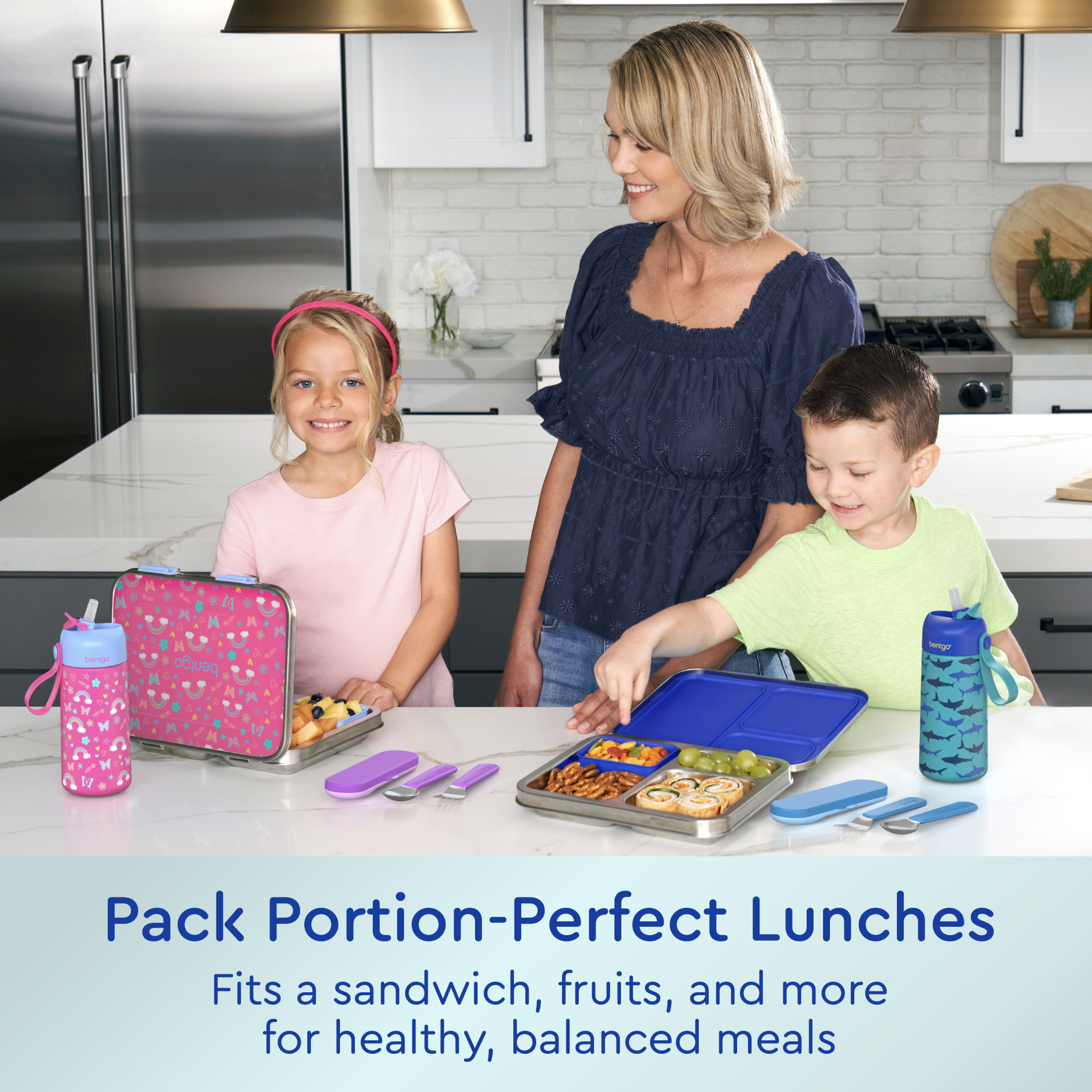 Bentgo Kids Stainless Steel Prints Leak-Resistant Lunch Box - 3-Compartments with Bonus Silicone Container, Durable, Eco-Friendly, Dishwasher Safe, BPA-Free, Ideal for School, Ages 3+ (Shark)