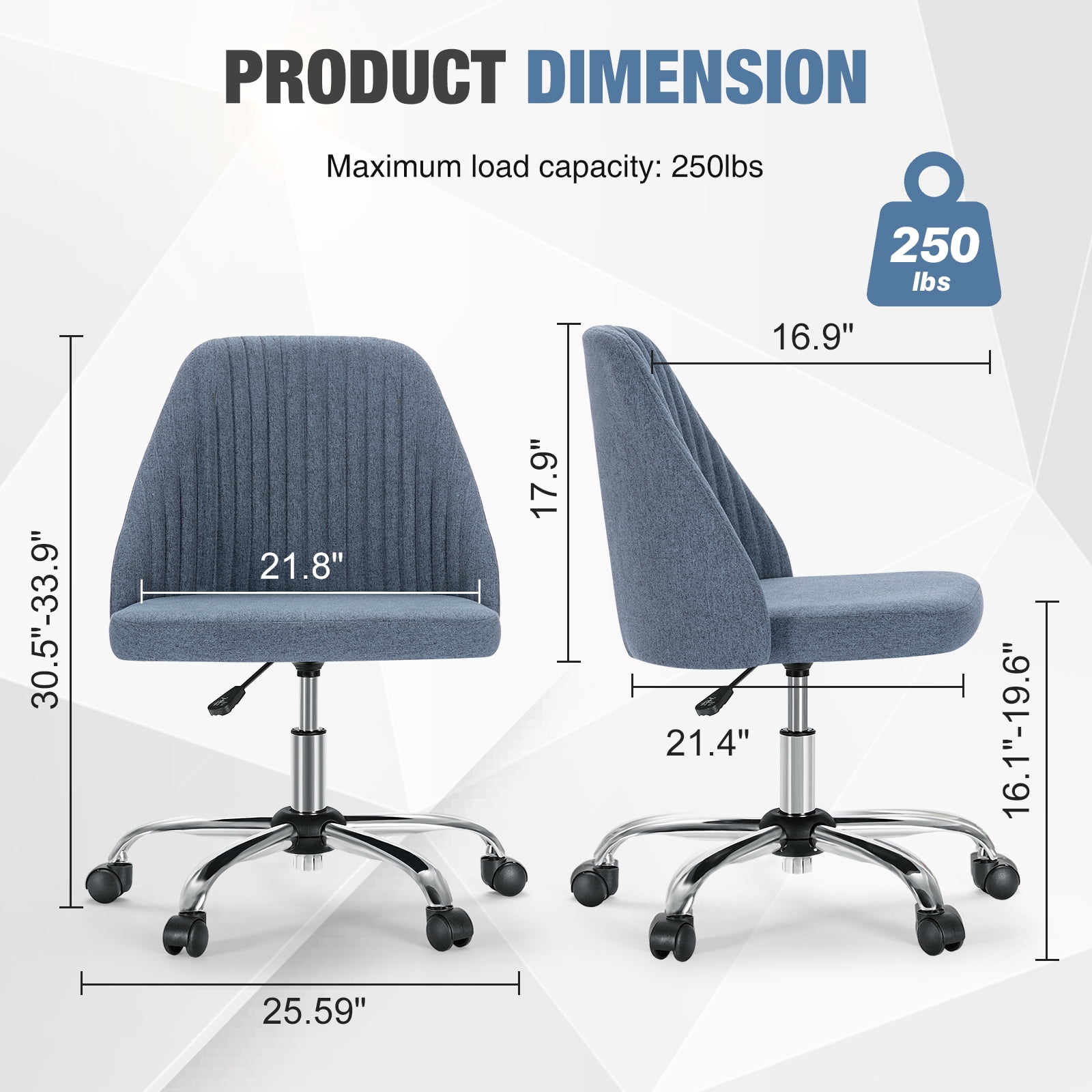 JOINSUN Armless Office Chair Modern Fabric Home Office Desk Chair, Adjustable Swivel Vanity Chair, Blue