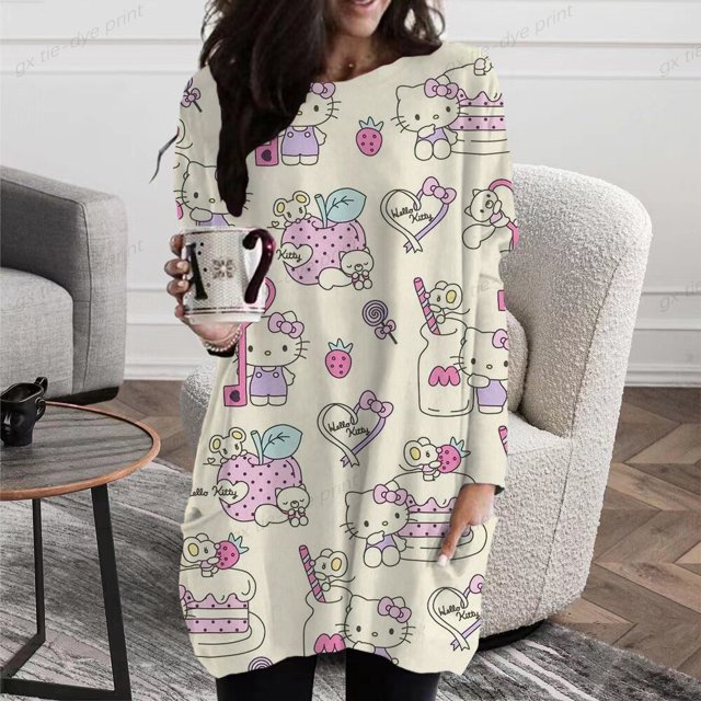 Camisetas de manga larga con estampado de Hello Kitty para mujer, Tops informales de gran tamaño, camiseta de dibujos animados, ropa de primavera y otoño