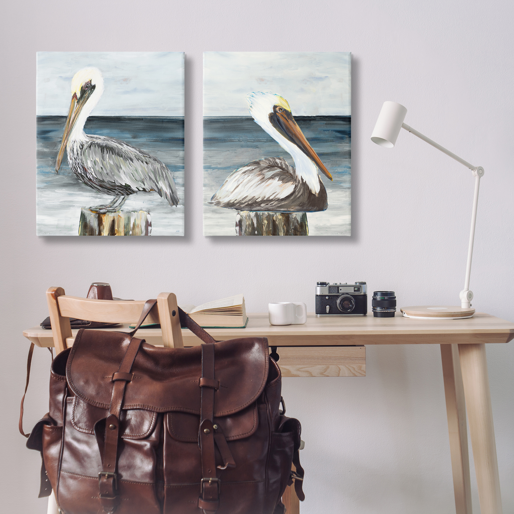 Stupell Industries Beachfront Pelican Log Animals Painting Wrapped Canvas Art Print Wall Art, 24 x 30, Set of 2