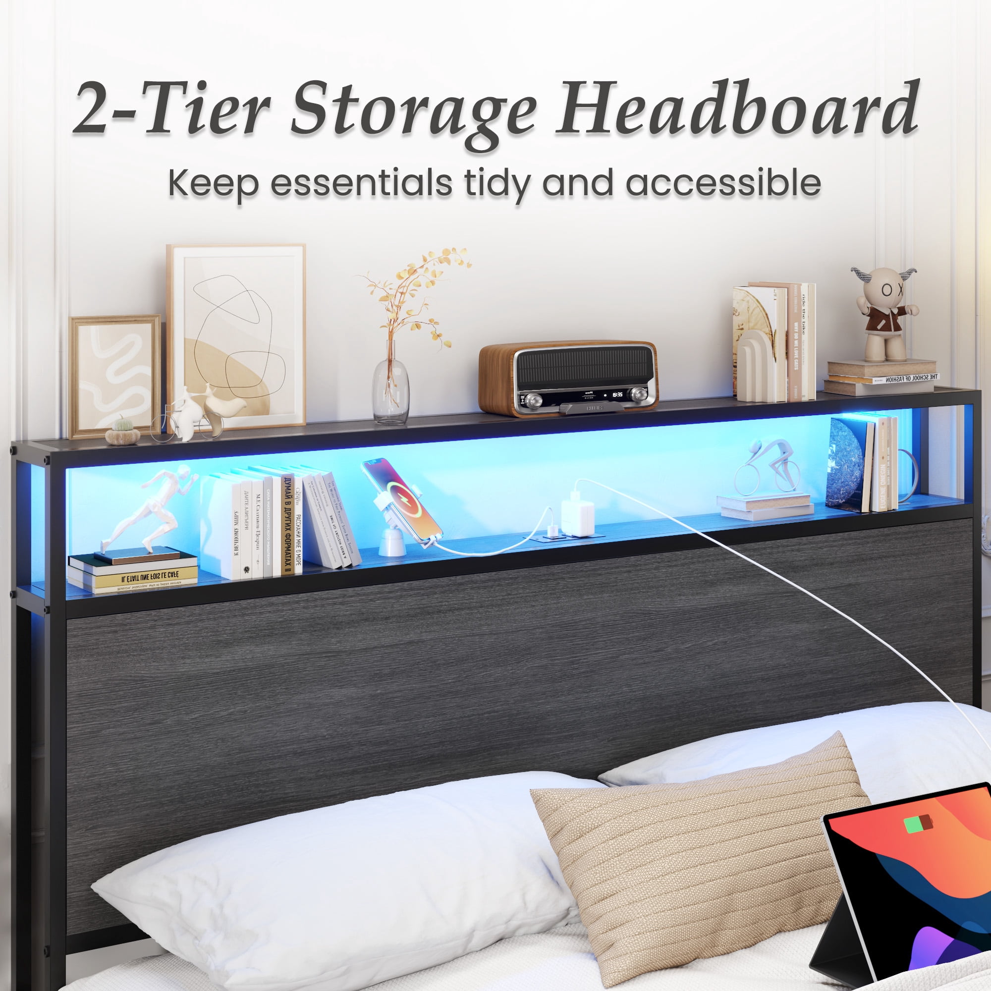 Full Bed Frame with Headboard and Storage, 2-Tier Storage Headboard & Foot-Board Drawers, Rustic Grey
