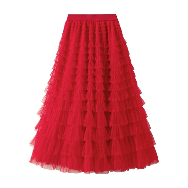 GPOECD Womens Long Skirts A Line Pleated Long Tutu Ruffle Mesh Calf Length Chiffon High Waist Plus Size Skirts 02_Red,L