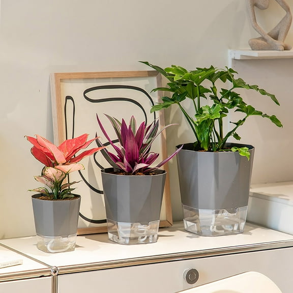 Self-Watering Planter Pot with Water Reservoir and Absorbent Wick Rope, Clear White Resin Plastic Flower Pot for Indoor Outdoor Plants