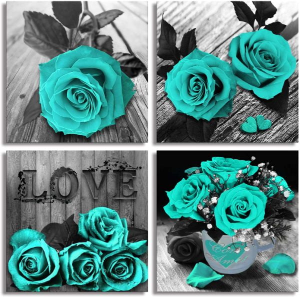 CoCoCherry Canvas Wall Art Teal Blue Rose Painting Bathroom Accessories