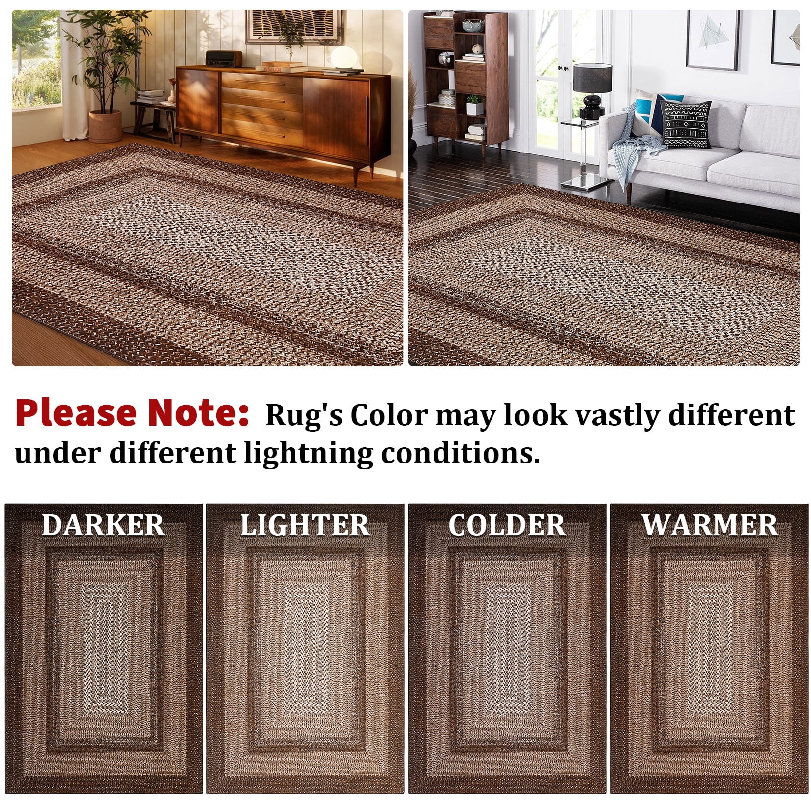 GlowSol 8'x10' Area Rug Washable Modern Braided Print Rugs for Living Room Bedroom Non Slip Low Pile Floor Carpet, Brown