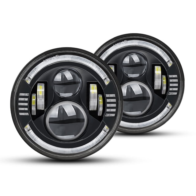 faro de coche 2 faros delanteros led de 7 pulgadas para coche y motocicleta con drl/señal de giro/luz baja/luz alta, repuesto de faro redondo de 7 pulgadas para jeep wrangler jk tj cj lj mazda miata c Vista frontal centrada de dos faros LED redondos de 7" en carcasa negra; cada unidad muestra tres lentes proyectoras, anillo DRL azul perimetral, módulos de señal ámbar verticales y disipador trasero, reemplazo universal para vehículos con faros de 7" y a menudo usado como repuesto en restauraciones de Jeep clásicas.