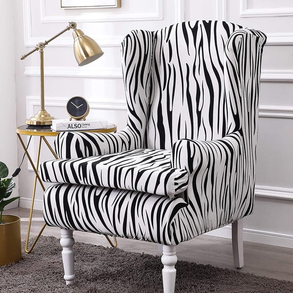 Wing Chair Covers, 2 Pieces Zebra Striped Stretch Wingback Chair Slipcovers Elastic Polyester Spandex Fabric Stretch Sofa Armchair Slipcovers Washable Furniture Protector (White)