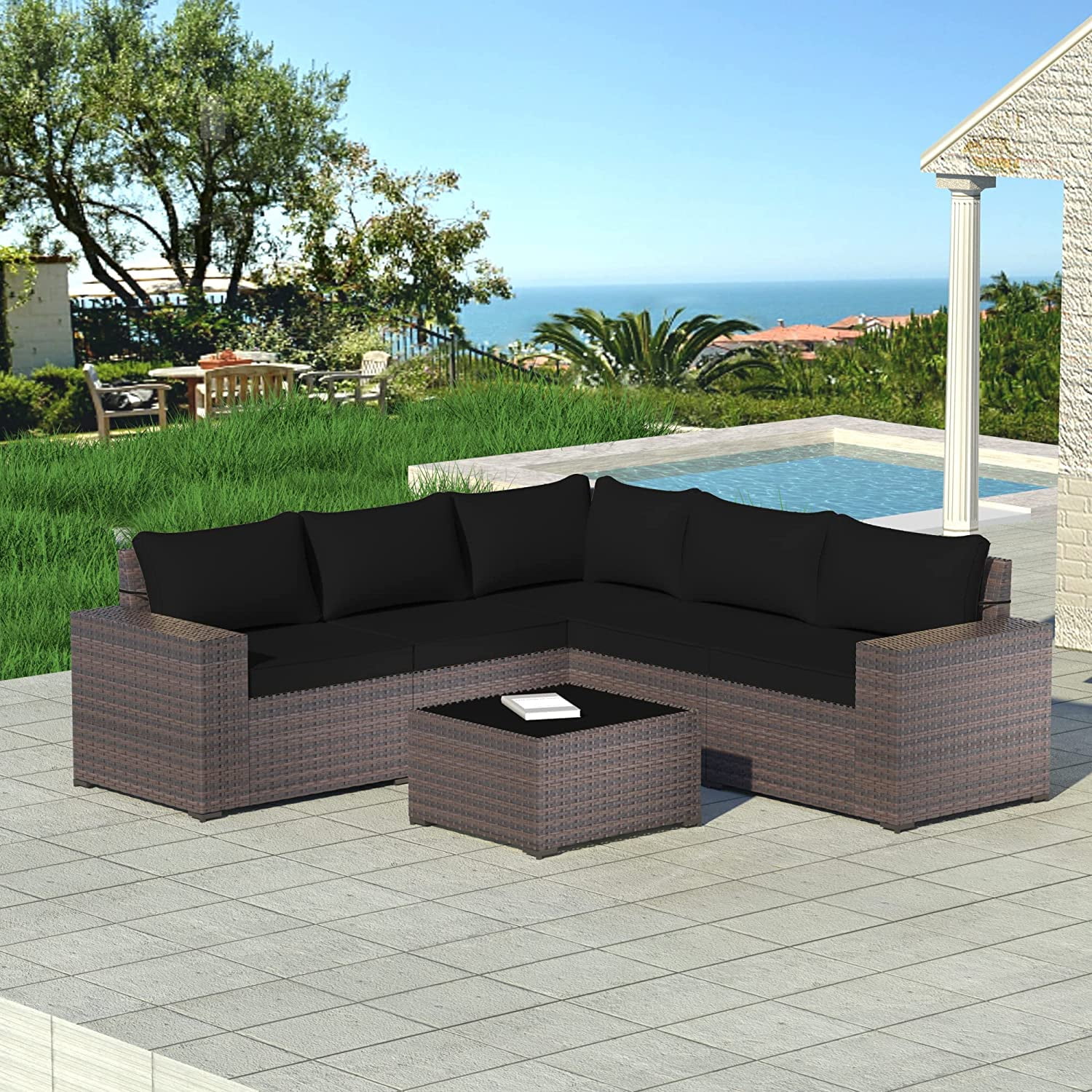 Kullavik 6 Pieces Patio Furniture Outdoor Sofa Wicker Rattan Conversation Set Cushion Glass Table Black