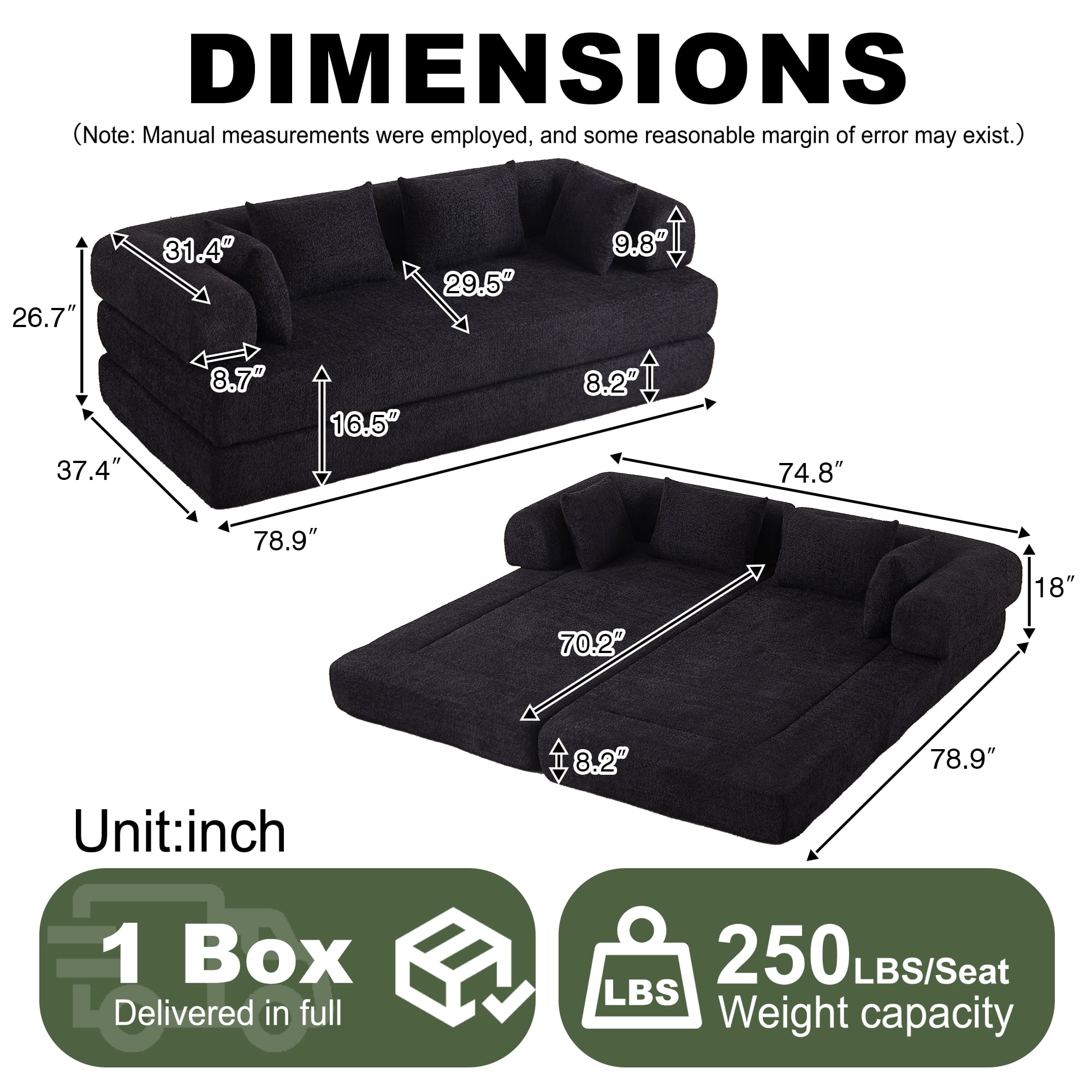 78.9inch Convertible Sleeper Sofa,Chenille Folding Mattress Sofa with DIY Removable Armrests,Floor Standing Lounge Sofa for Living Room Bedroom Small Space,Black