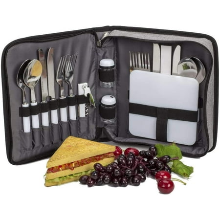 

Jumbl 4-Person Picnic Basket Set with Blanket and Cutlery Outdoor Travel Wallet