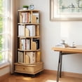 thumbnail image 3 of SESSLIFE 5 Tier Rotating Bookshelf Tower with Wheels and Drawer, 360° Spinning Bookcase for Small Spaces, Vertical Round Storage Shelf for Bedroom Living Room Office, Wood, 3 of 11