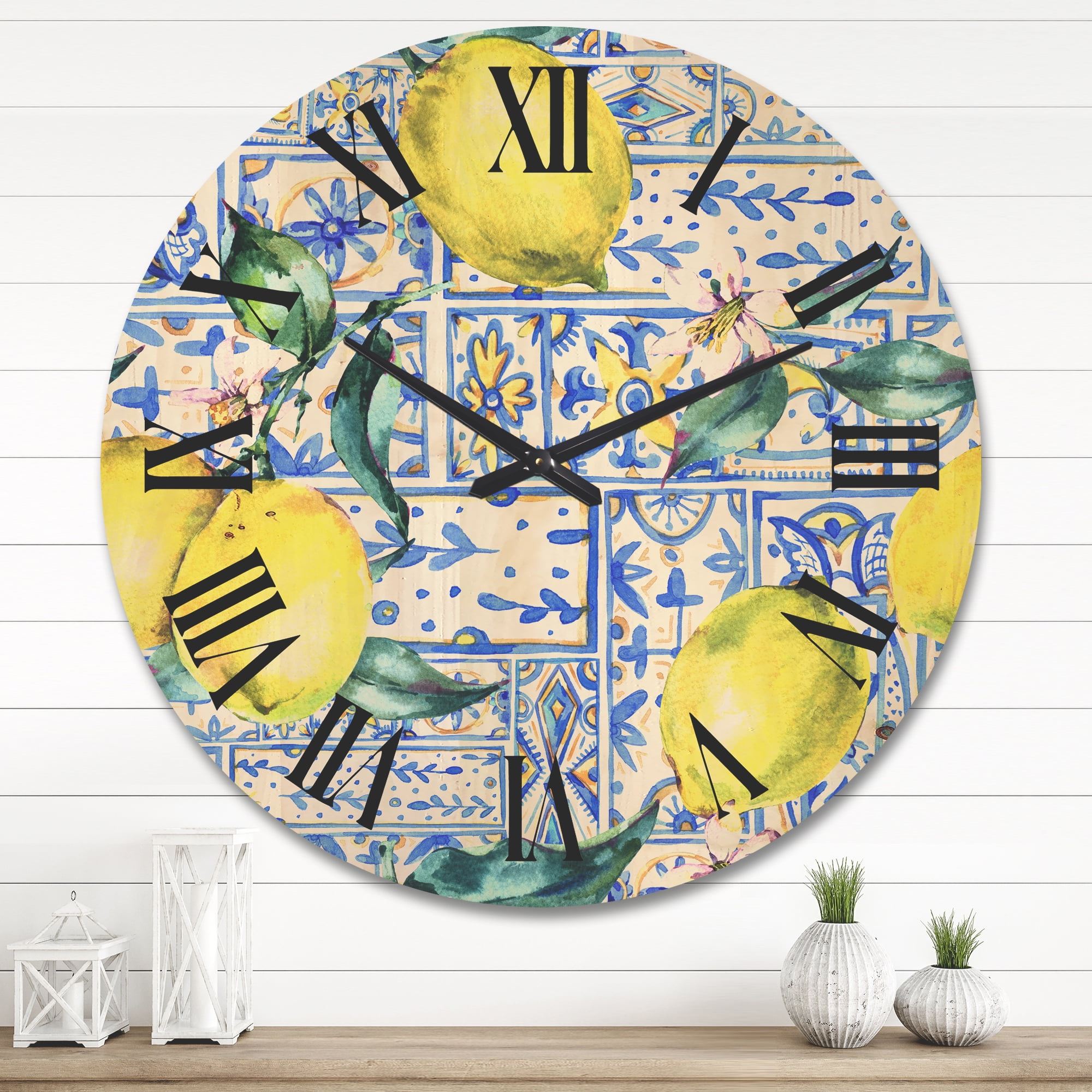 Designart 'Geometrical Pattern of Lemon Ornament On Blue I' Tropical Wood Wall Clock