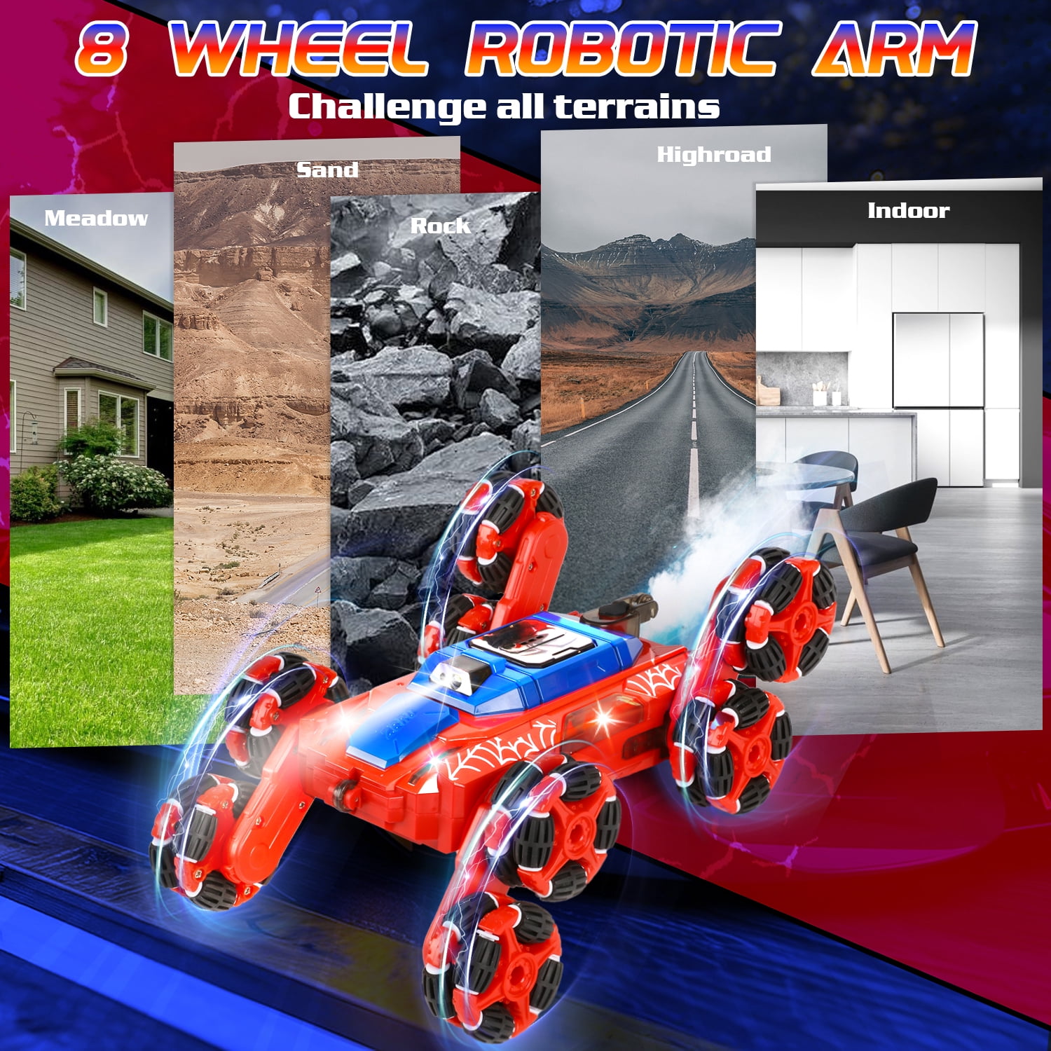 Huge Wave 8WD Remote Control Car for 4-9 Year Old Boys, 2.4GHz RC Stunt Car with Lights Music Spray, Double Sided Race Car, Christmas Birthday Party Gift for Kids