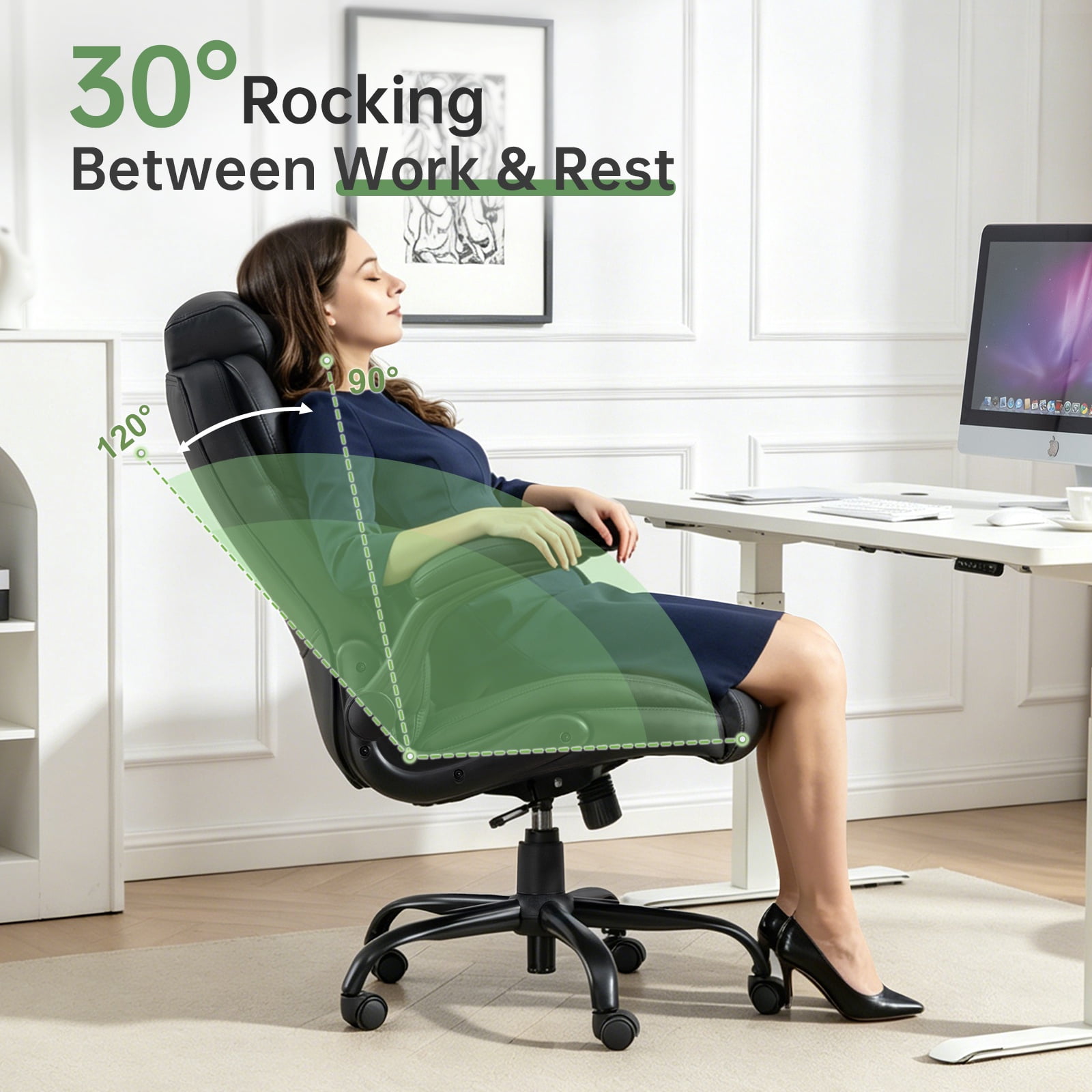Big and Tall Office Chair 400LBS, Heavy Duty Executive Leather Office Chair Wide Seat Ergonomic Computer Desk Chair High Back Chair Adjustable Task Chair (Black)