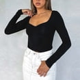 thumbnail image 4 of Gibobby Camisa&nbsp;Vaquera Camiseta de punto corta de manga larga de color sólido con cuello cuadrado sexy para mujer（Negro， L), 4 of 5
