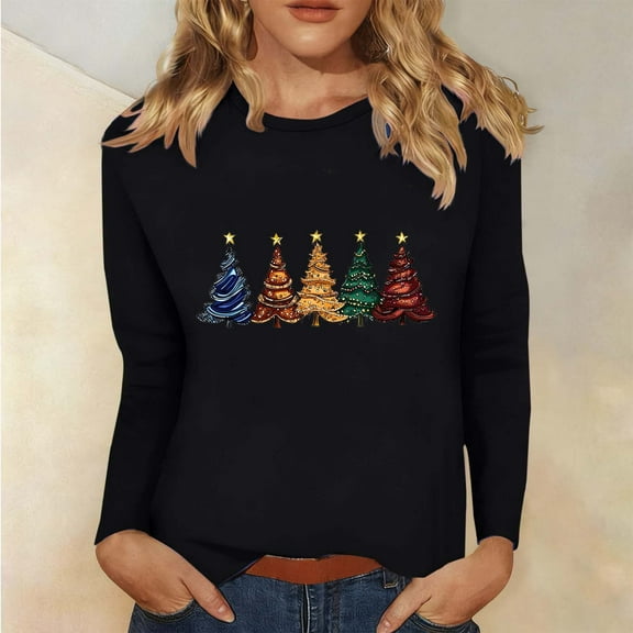 Qulqfy Christmas Shirts for Women Xmas Black Crew Neck Christmas Tree Long Sleeve Joyful Plus Size Shirts Funny Christmas Shirts for Women