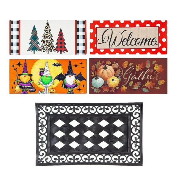 Evergreen Indoor Outdoor Doormat Bundle Set of 5 - Frame and 4 Welcome Seasonal Inserts Halloween Christmas Thanksgiving