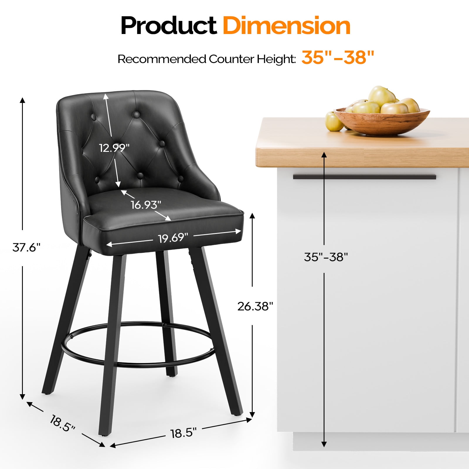 Zimtown Modern Swivel Barstools with Back, 26" Counter Height Bar Stools Kitchen Island Dining Chairs Set of 1, Black
