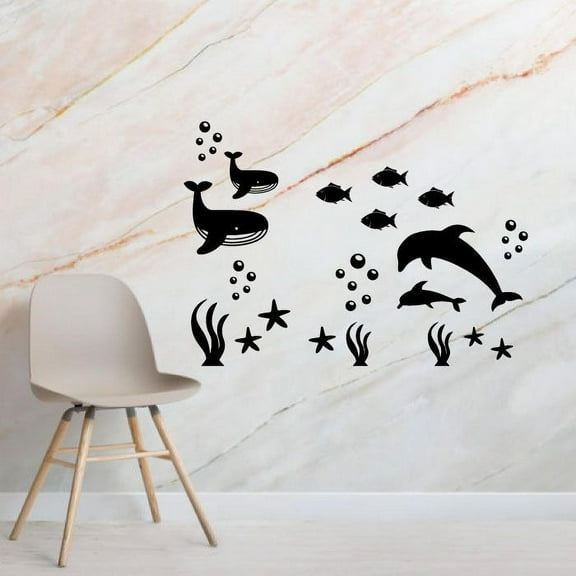 Shark Whale Fish Under The Sea Themed Silhouette Design Wall Decoration Vinyl Wall Art Sticker Wall Decal Decoration For Home Room Kids Room Nursery Room Girls Boys Décor Design Size (27x30 inch)