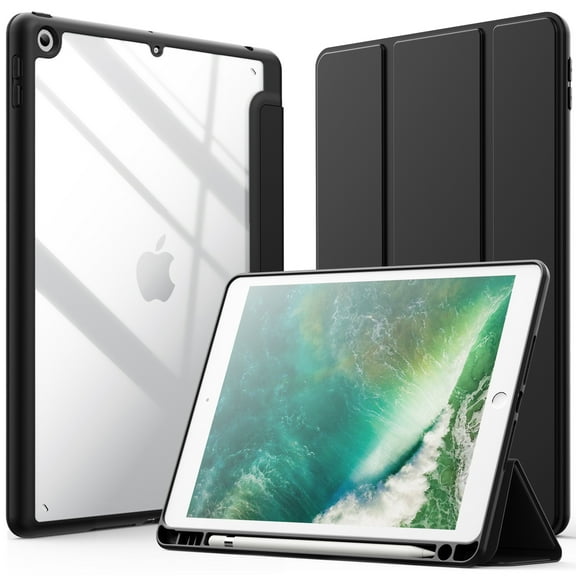JETech Case for iPad 9.7-Inch (6th/5th Generation, 2018/2017) with Pencil Holder, Clear Transparent Back Shell Slim Stand Shockproof Tablet Cover, Auto Wake/Sleep (Black)