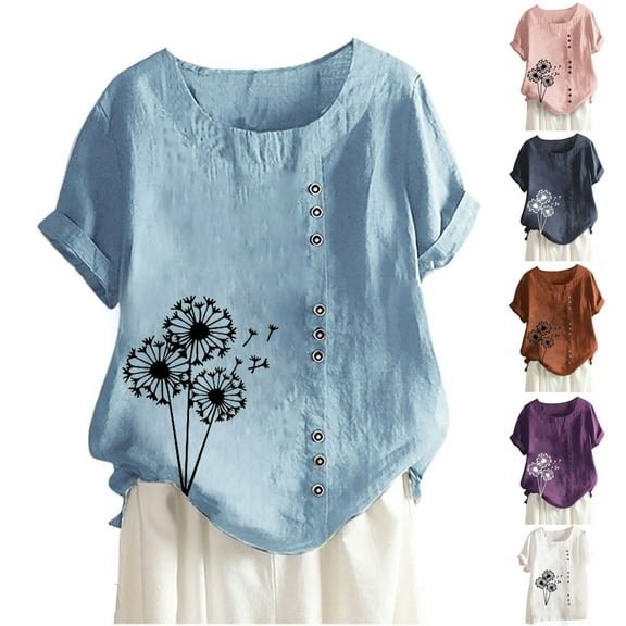 Fesfesfes Women Clothing Fashion Women Summer Loose Print Round-Neck T-Shirt Short Sleeve Casual Blouse Tops Short Shirts for Women S(US:4)