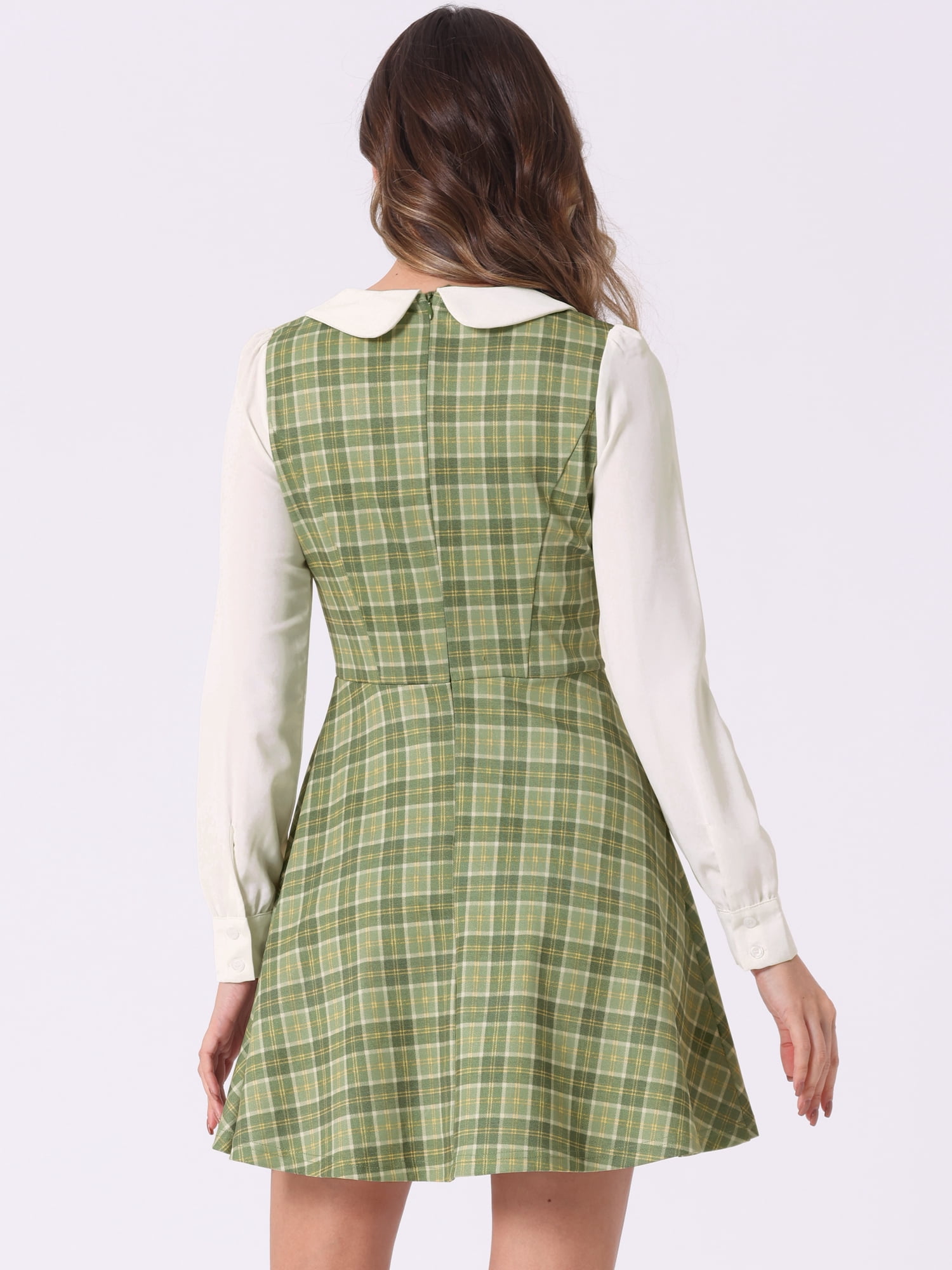 DARING DIVA Women's Plaid Peter Pan Collar Mini A-Line Dress S Light Green
